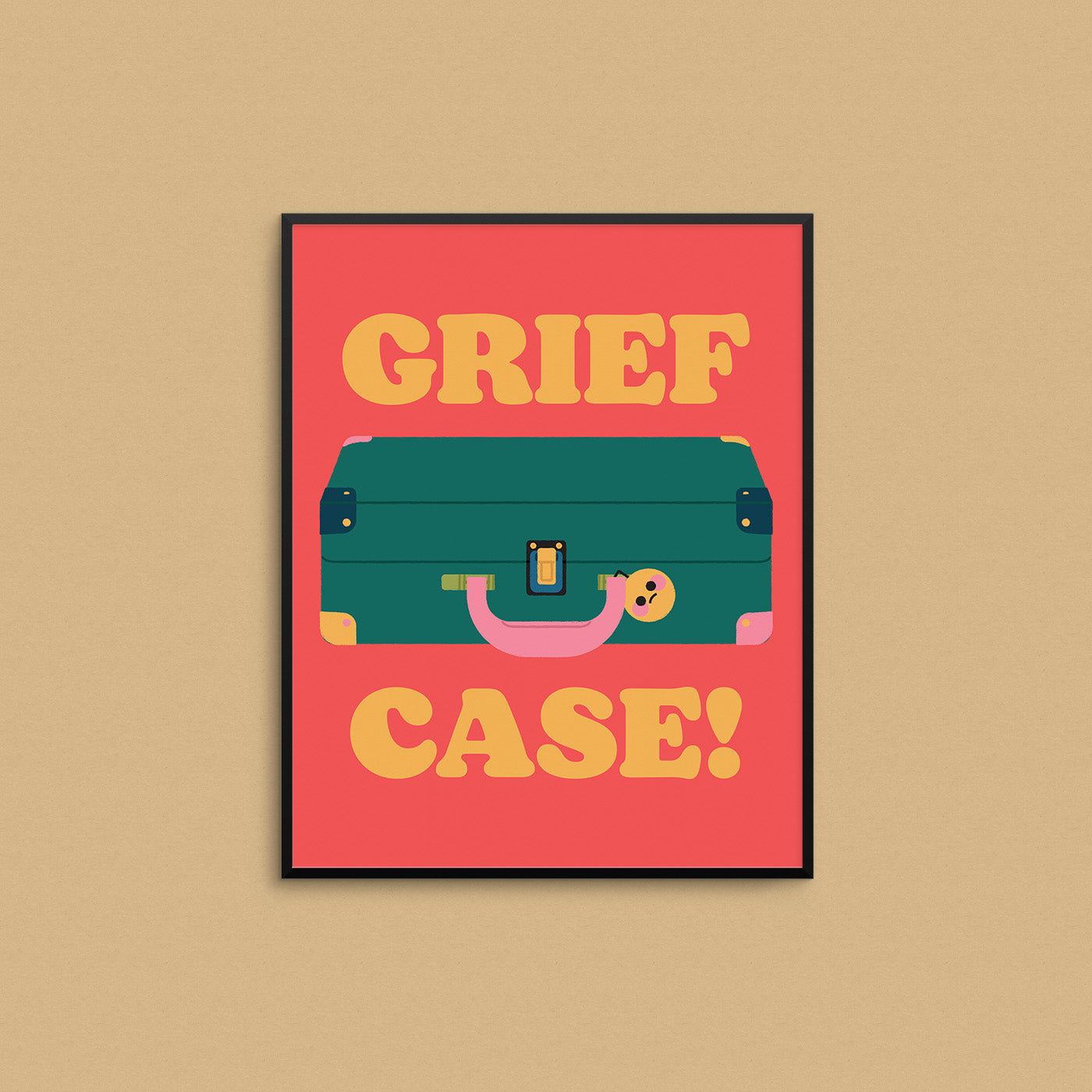 Framed artwork with a suitcase illustration and 'Grief Case!' text on a red background. Made in Canada by Mad Love Creative Co.