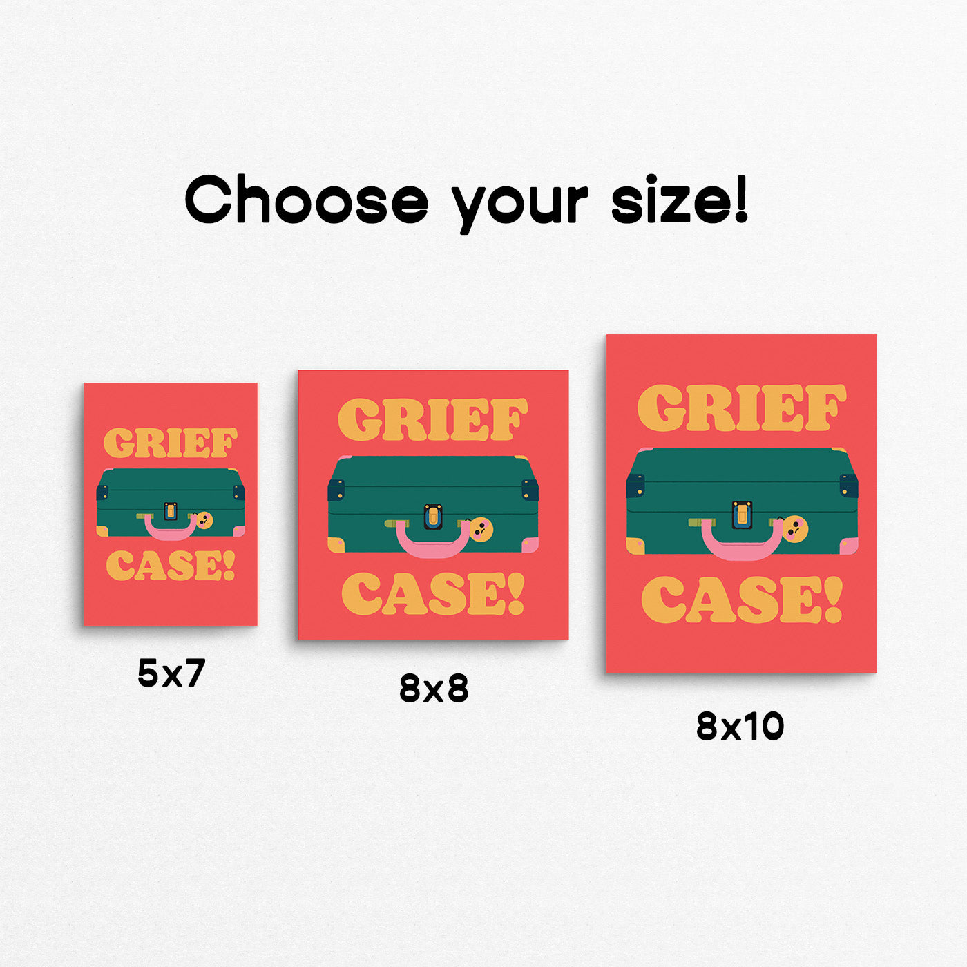 Framed artwork with a suitcase illustration and 'Grief Case!' text on a red background. Made in Canada by Mad Love Creative Co.