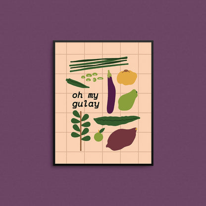 Framed artwork with illustrations of vegetablesused in Filipino cooking and text 'oh my gulay' on a beige background.