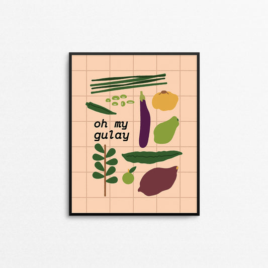 Framed artwork with illustrations of vegetablesused in Filipino cooking and text 'oh my gulay' on a beige background.