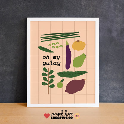 Poster with illustrations of vegetables and text 'oh my gulay' on a grid background, with 'mad love creative co.' branding.