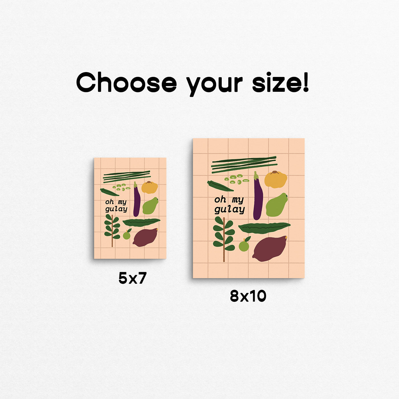 Framed artwork with illustrations of vegetablesused in Filipino cooking and text 'oh my gulay' on a beige background.