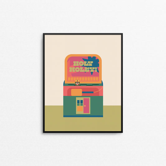 Colourful print of a whack-a-mole arcade game that says "holy moley". Made in Canada by Mad Love Creative Co. 