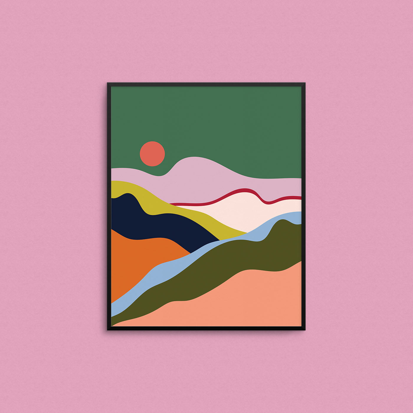 Colourful abstract landscape print with a sun and mountains. Made in Canada by Mad Love Creative Co. 