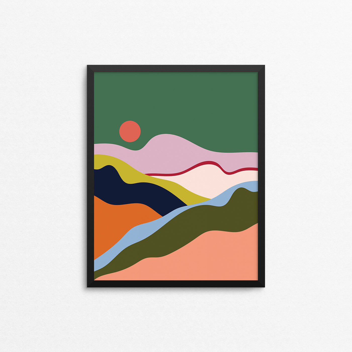 Colourful abstract landscape print with a sun and mountains. Made in Canada by Mad Love Creative Co. 