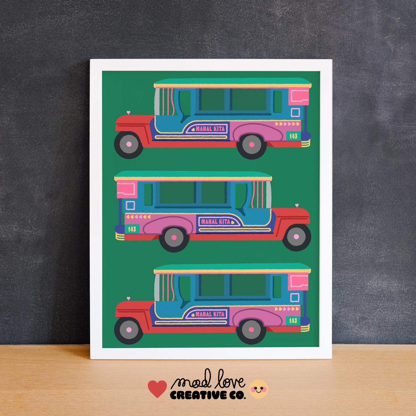 Colorful illustration of buses on a green background with 'mad love creative co.' branding.