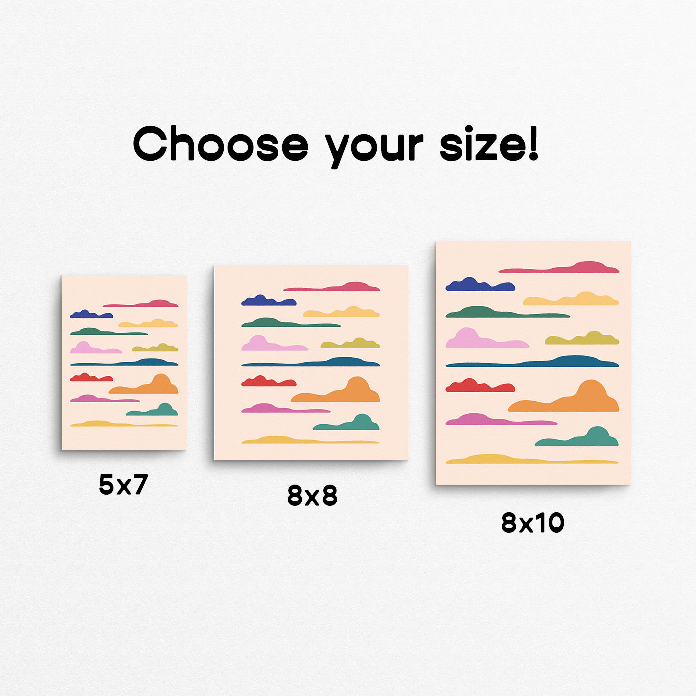 Three different sizes of a product with colorful cloud patterns on a white background. Made in Canada by Mad Love Creative Co. 