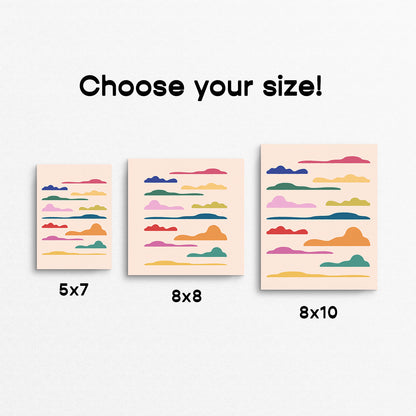 Three different sizes of a product with colorful cloud patterns on a white background. Made in Canada by Mad Love Creative Co. 