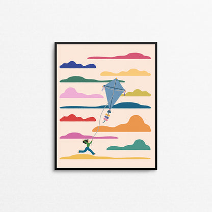 Fun illustration of a woman holding on to a cloud among colourful clouds. Made in Canada by Mad Love Creative Co. 