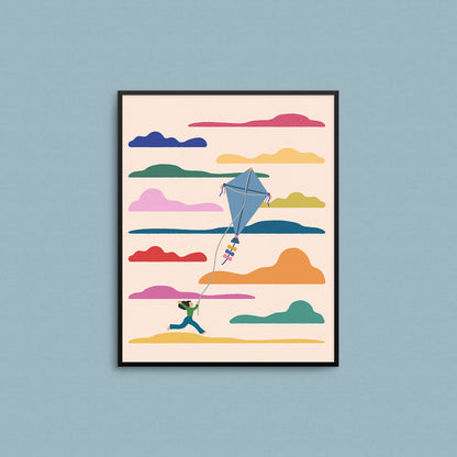 Fun illustration of a woman holding on to a cloud among colourful clouds. Made in Canada by Mad Love Creative Co. 