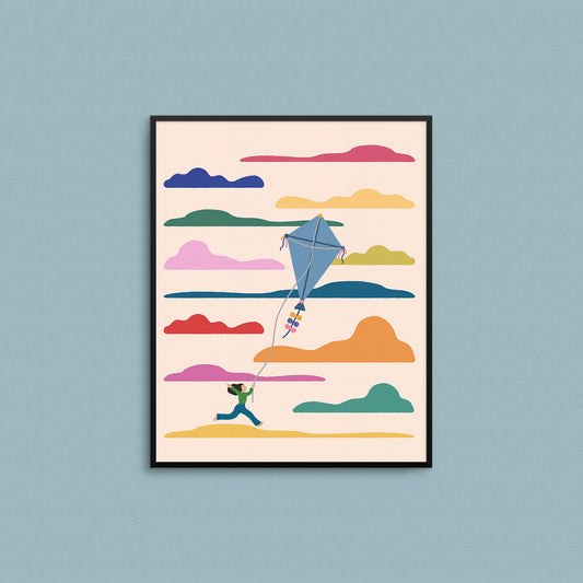 Fun illustration of a woman holding on to a cloud among colourful clouds. Made in Canada by Mad Love Creative Co. 