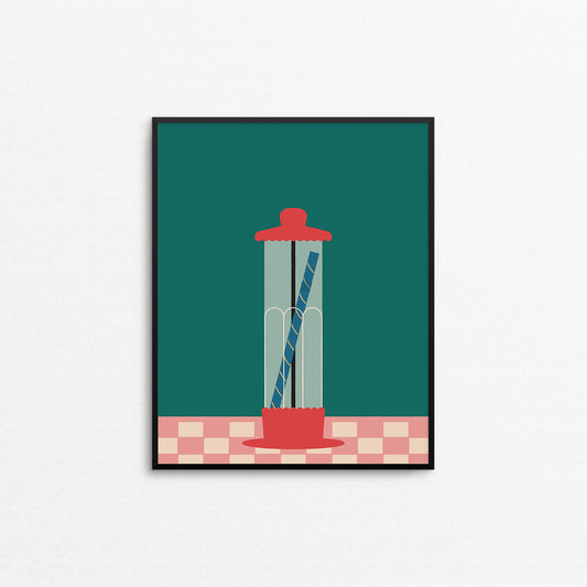 Print of a retro straw dispenser on a green background with a pink checkered floor. Made in Canada by Mad Love Creative Co. 