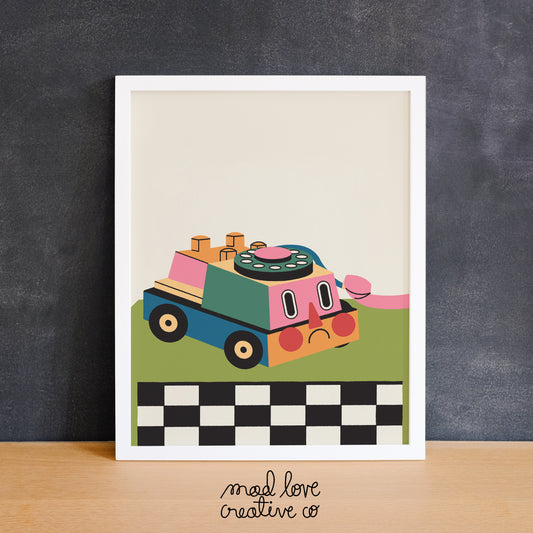 Funny print of a kid's toy phone with the receiver hanging off. Made in Canada by Mad Love Creative Co.