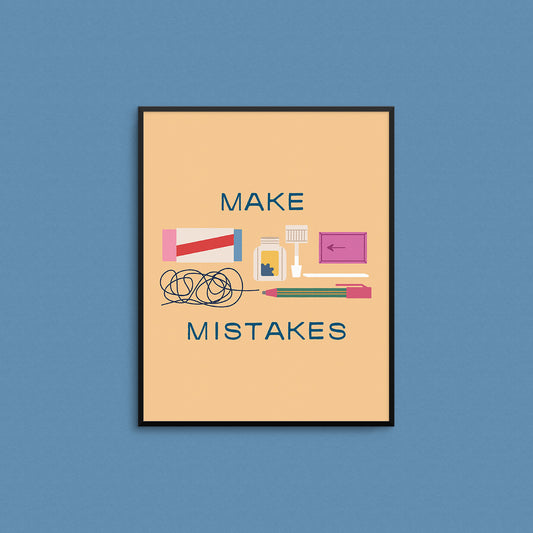 Cute print with correction type stationery items with the phrase "make mistakes". Made in Canada by Mad Love Creative Co. 