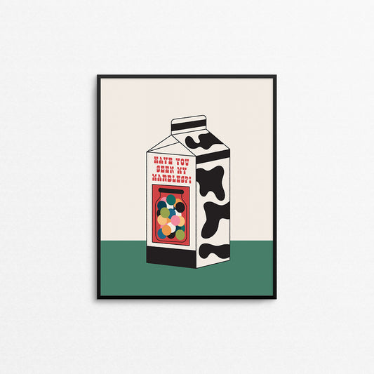 Funny print of a milk carton with a missing sign on the side with marbles and the text "have you seen my marbles". Made in Canada by Mad Love Creative Co. 
