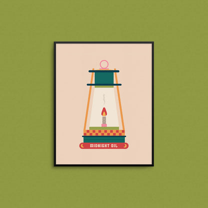 Illustration of an oil lantern with the phrase "midnight oil" on the bottom. Made in Canada by Mad Love Creative Co. 