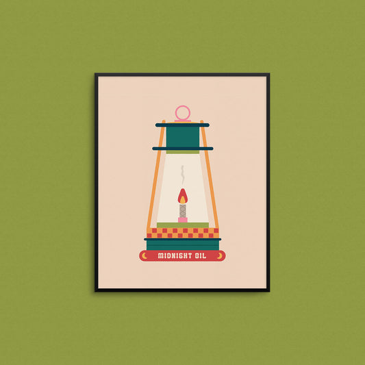Illustration of an oil lantern with the phrase "midnight oil" on the bottom. Made in Canada by Mad Love Creative Co. 