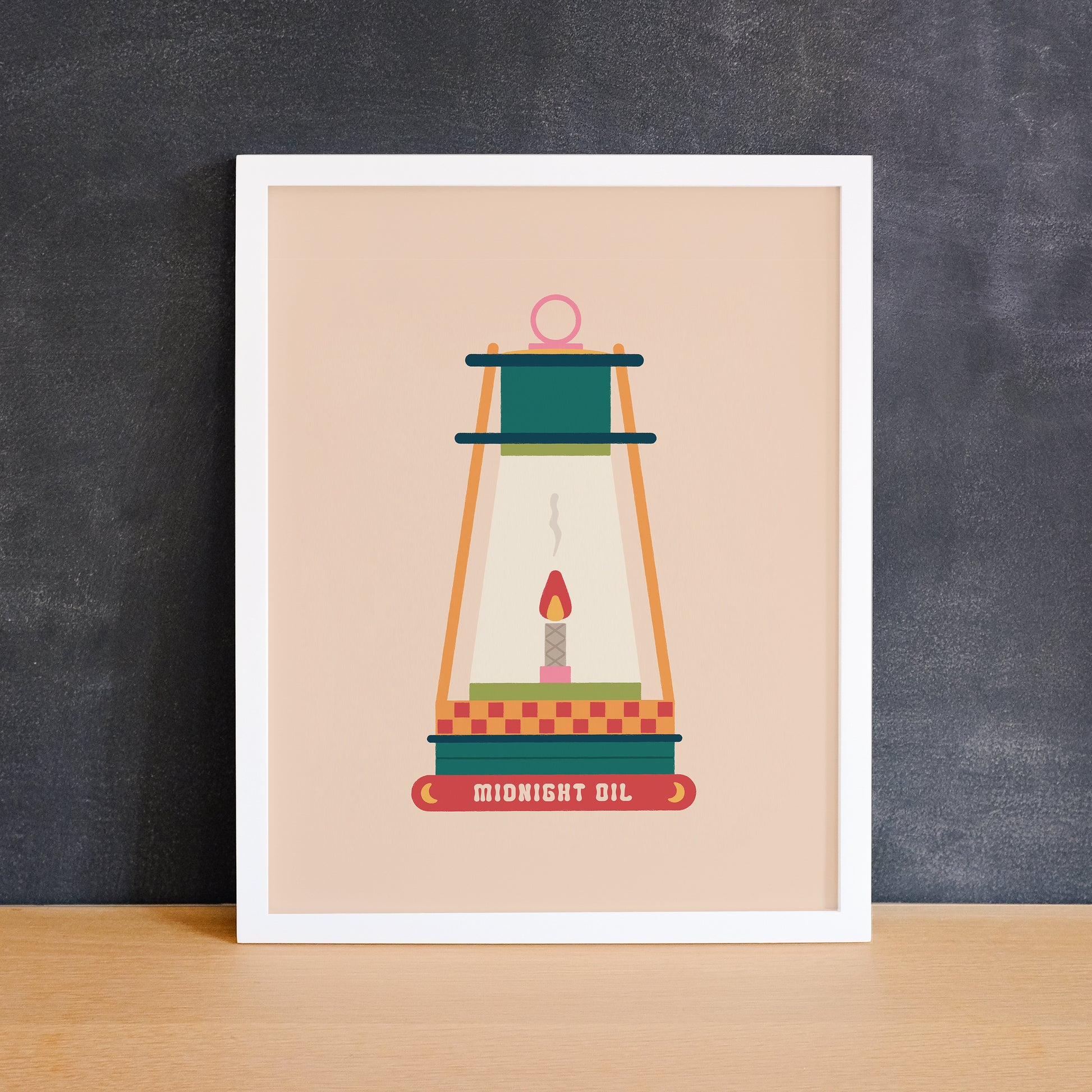 Illustration of an oil lantern with the phrase "midnight oil" on the bottom. Made in Canada by Mad Love Creative Co. 
