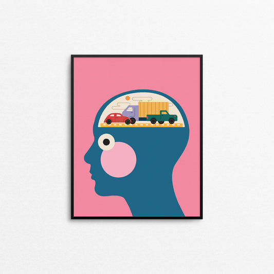 Mental health print of face and brain with car traffic. Made in Canada by Mad Love Creative Co.