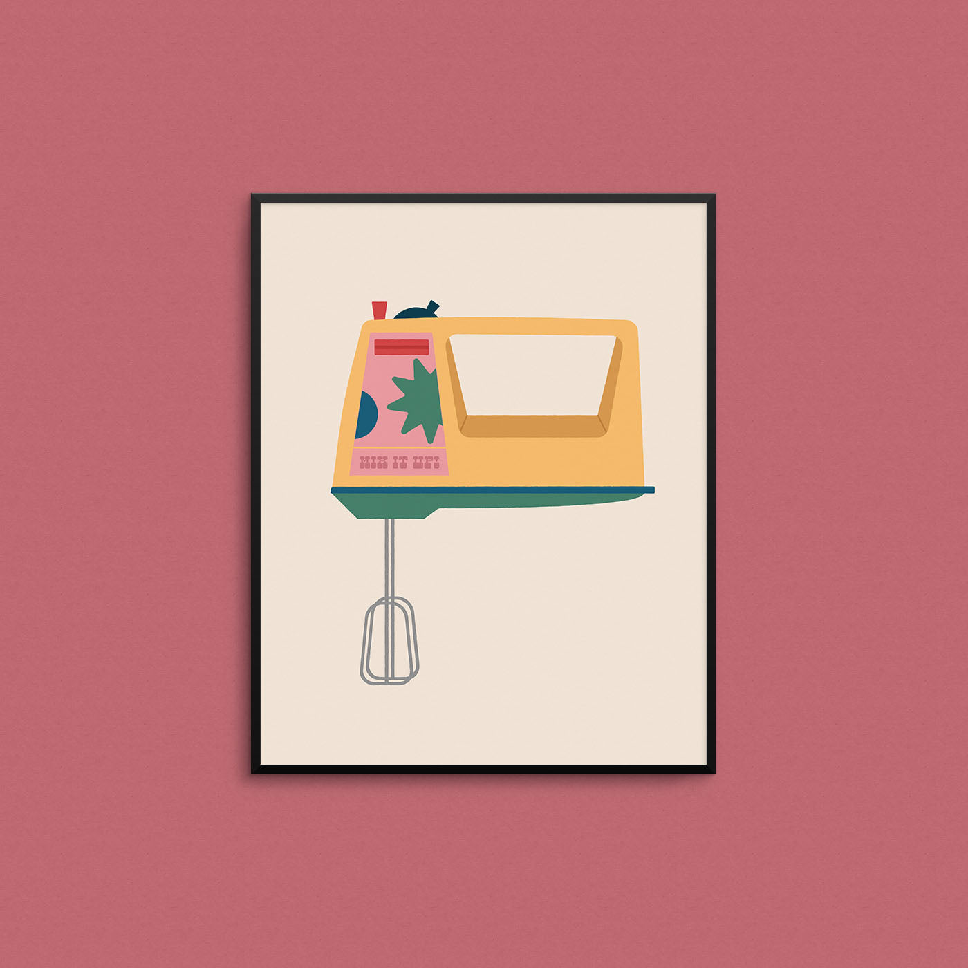 Print of a retro hand mixer with the phrase "mix it up". Made in Canada by Mad Love Creative Co. 