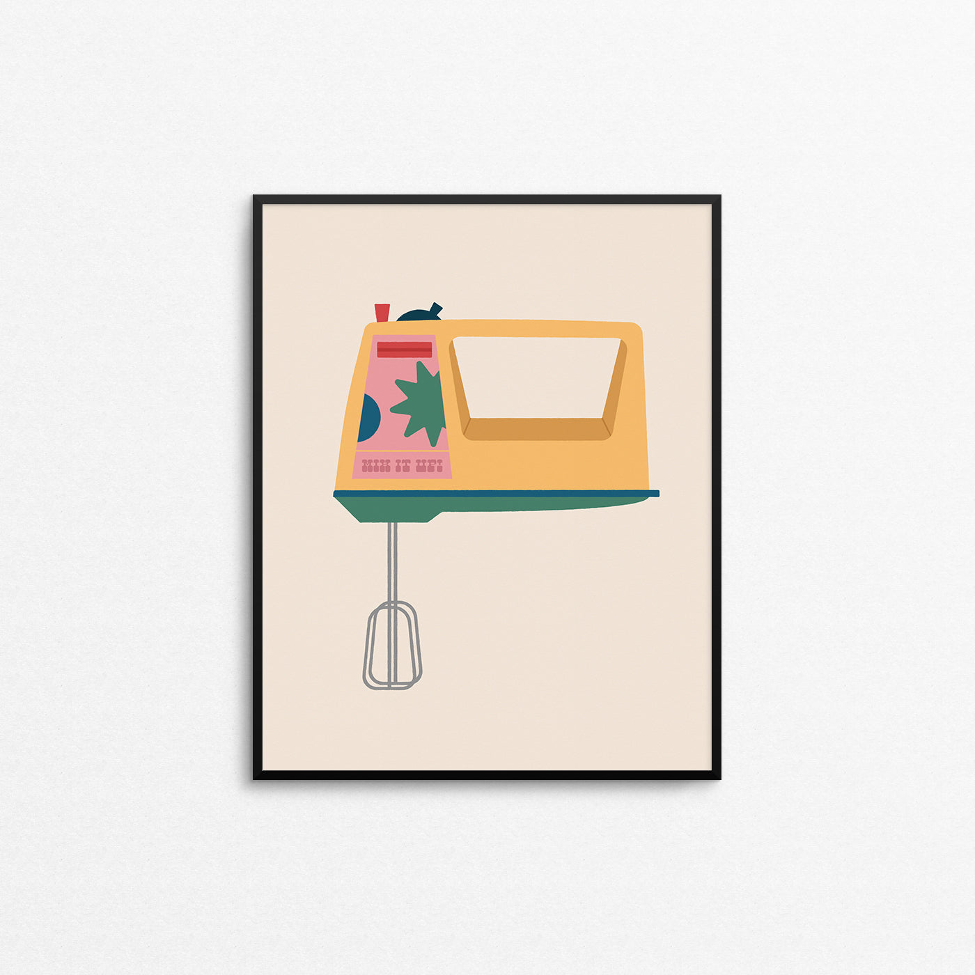 Print of a retro hand mixer with the phrase "mix it up". Made in Canada by Mad Love Creative Co. 