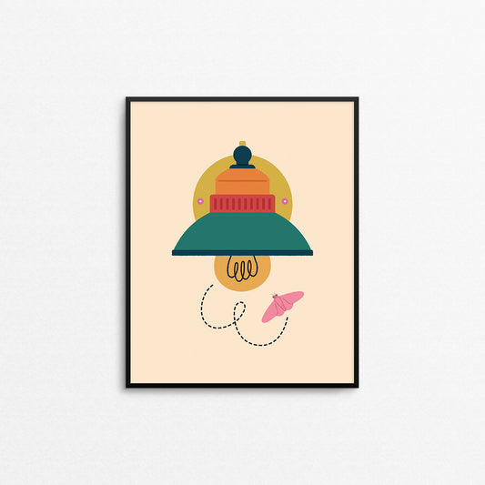 Colourful print of a moth attracted to a porch light. Made in Canada by Mad Love Creative Co. 
