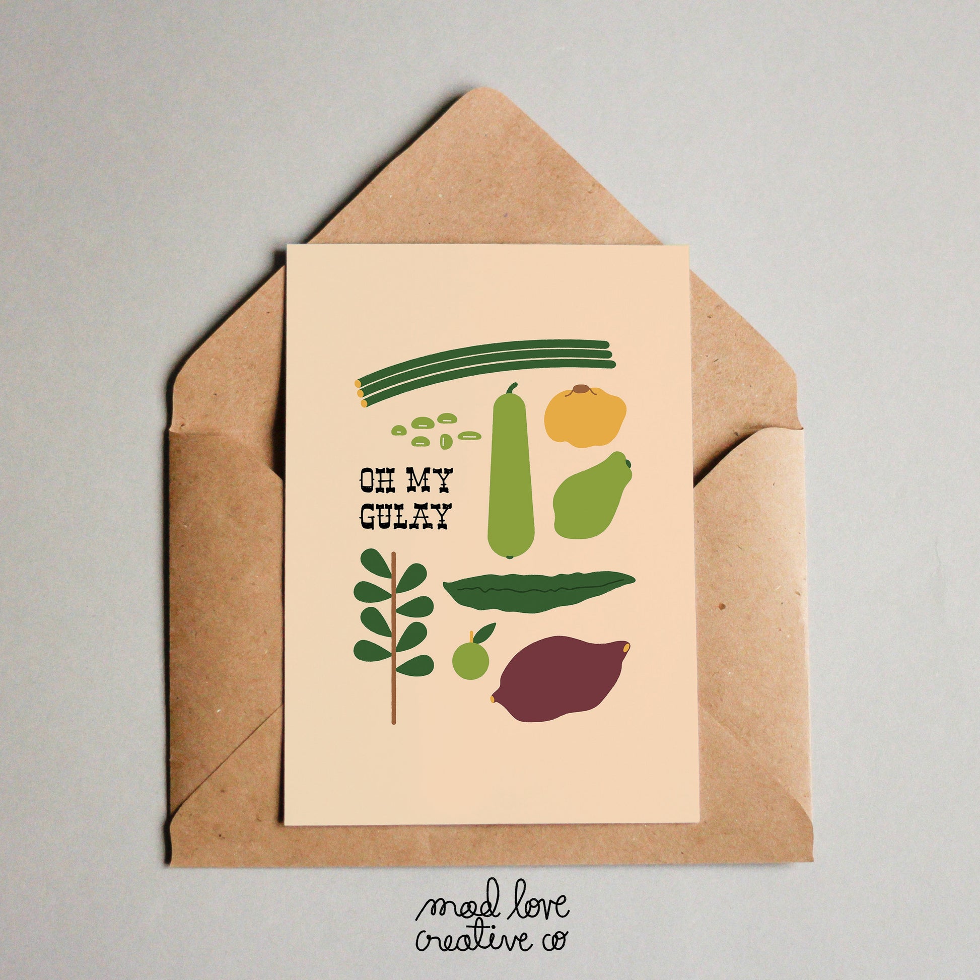 Filipino food-theme greeting card with vegetables and the phrase "oh my gulay". Made in Canada by Mad Love Creative Co. 