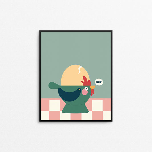 Funny print of an egg cup with a broken egg based on the similar words oof and oeuf. Made in Canada by Mad Love Creative Co.