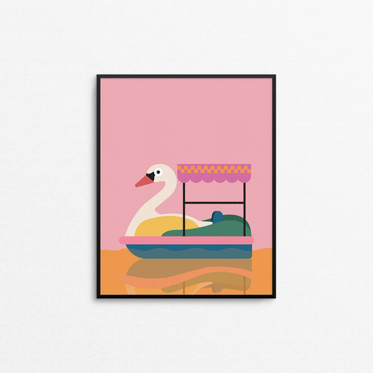 Colouful print of a nostalgic swan paddle boat. Made in Canada by Mad Love Creative Co. 