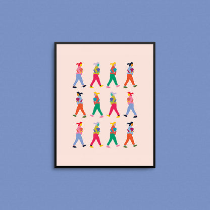 Bright coloured print of women walking. Made in Canada by Mad Love Creative Co. 