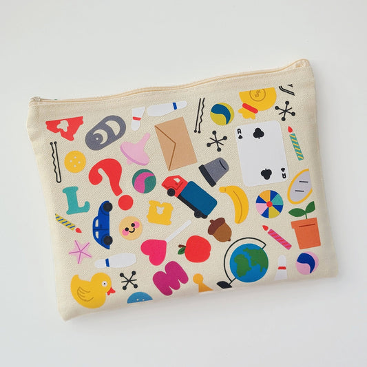 Beige pouch with colorful illustrations on a white background