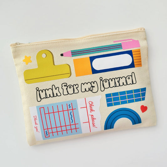 Pouch with stationery-themed design on a white background