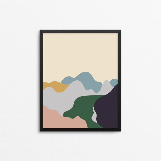 Abstract print of mountains and a river. Made in Canada by Mad Love Creative Co. 