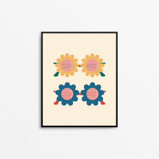 Fun print of rose-coloured glasses with flower frames. Made in Canada by Mad Love Creative Co. 