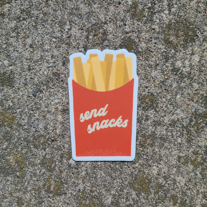 Cute sticker of an order of fries that says "Send Snacks" made in Canada by Mad Love Creative Co. 