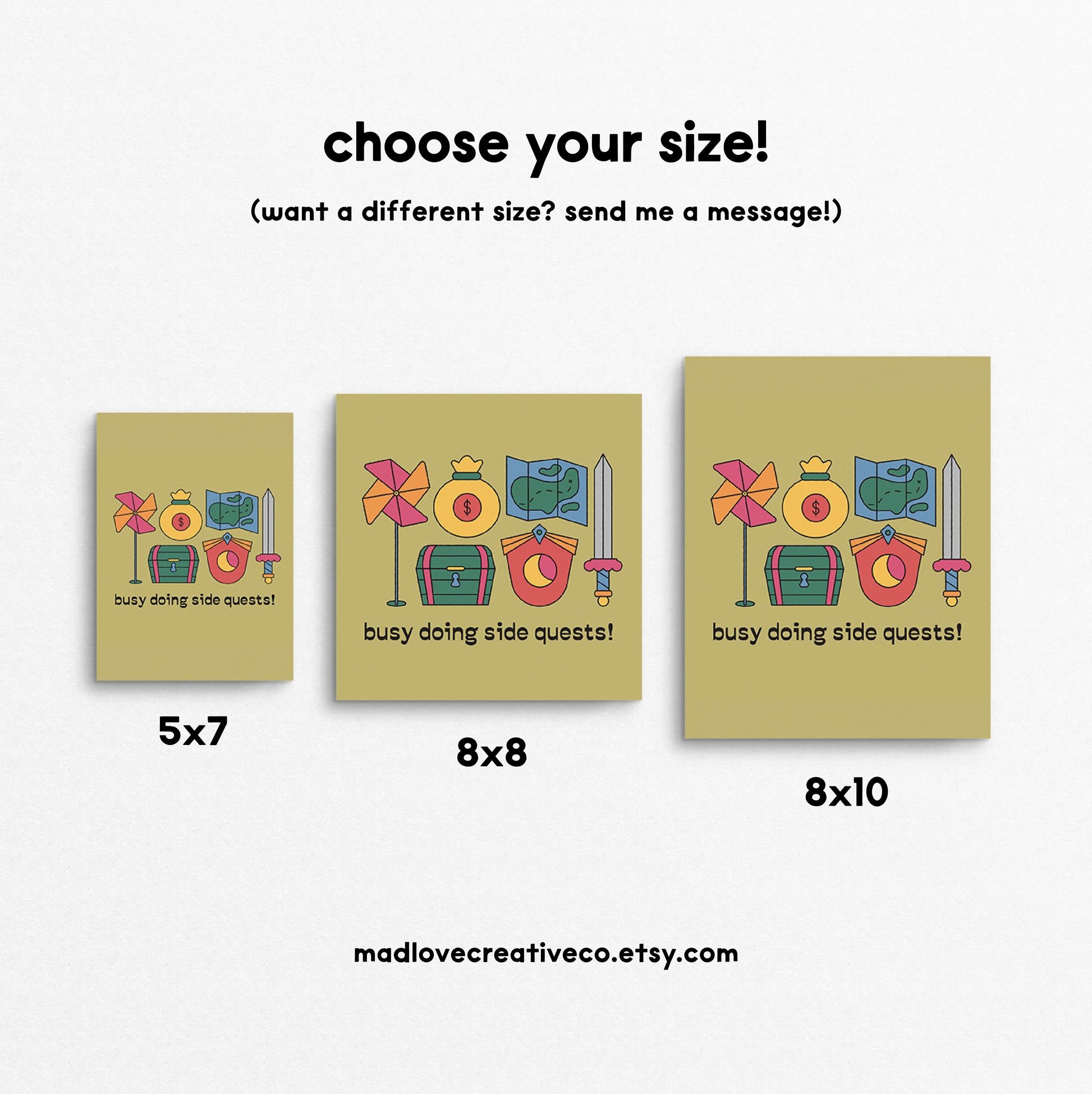 Print featuring video game elements and the text "busy doing side quests". Made in Canada by Mad Love Creative Co.