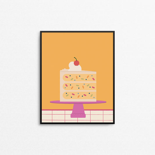 Fun print of a slice of confetti cake on a cute pink tray. Made in Canada by Mad Love Creative Co. 