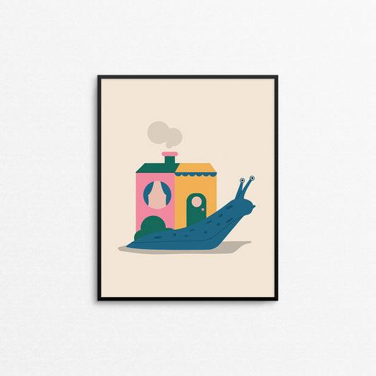 Fun print of a snail with a house instead of a shell. Made in Canada by Mad Love Creative Co. 