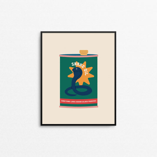 Fun print of an oil can with a snake and the text "snake oil". Made in Canada by Mad Love Creative Co. 