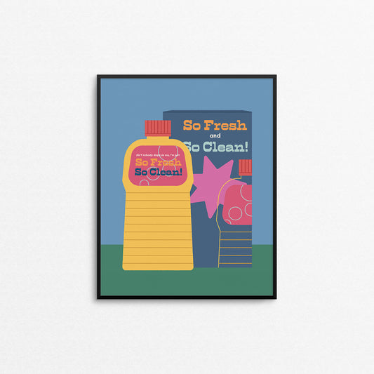 Music-inspired print featuring cleaning bottles with the text "so fresh, so clean". Made in Canada by Mad Love Creative Co. 