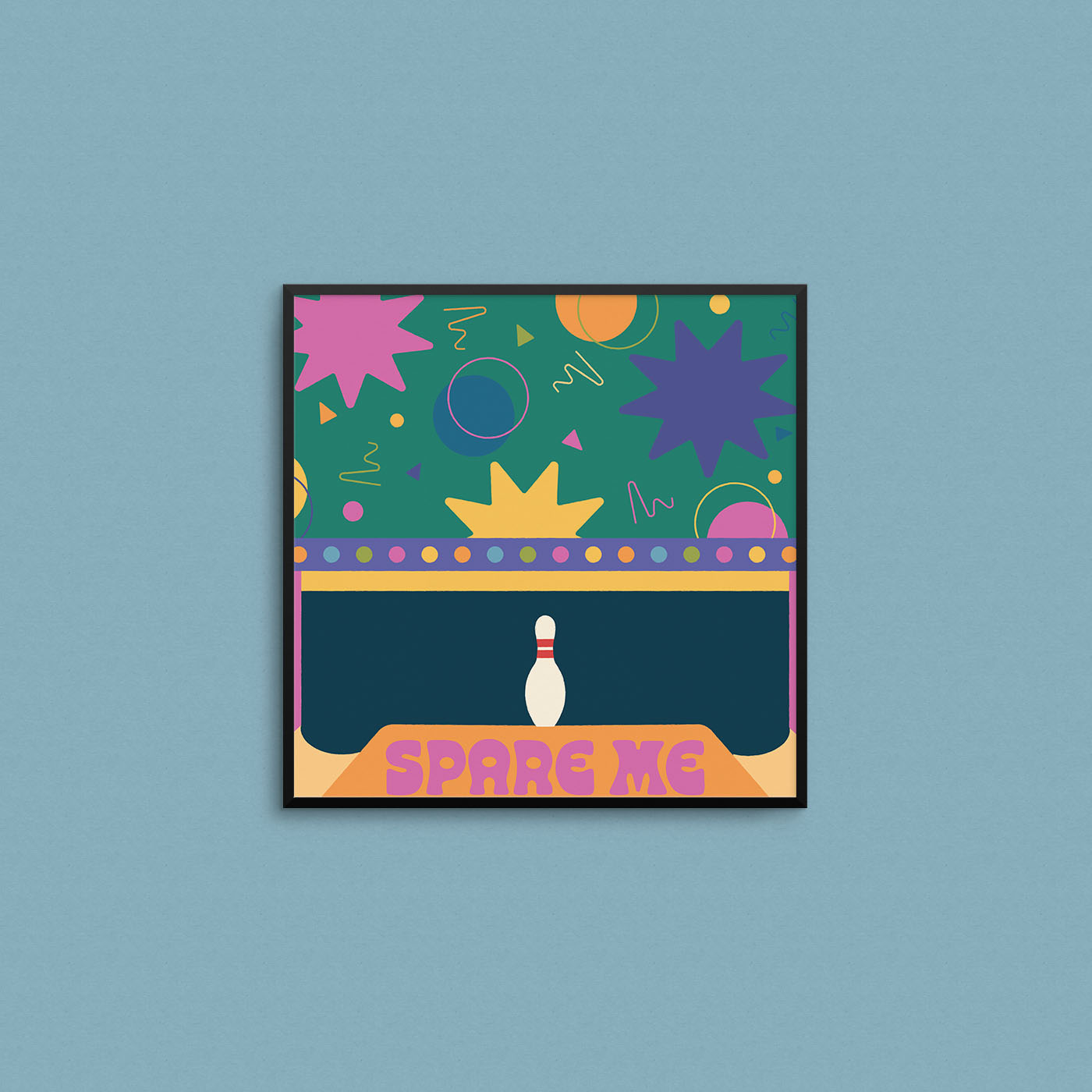 Print of a 90s and 2000s inspired bowling alley with the text "spare me". Made in Canada by Mad Love Creative Co. 