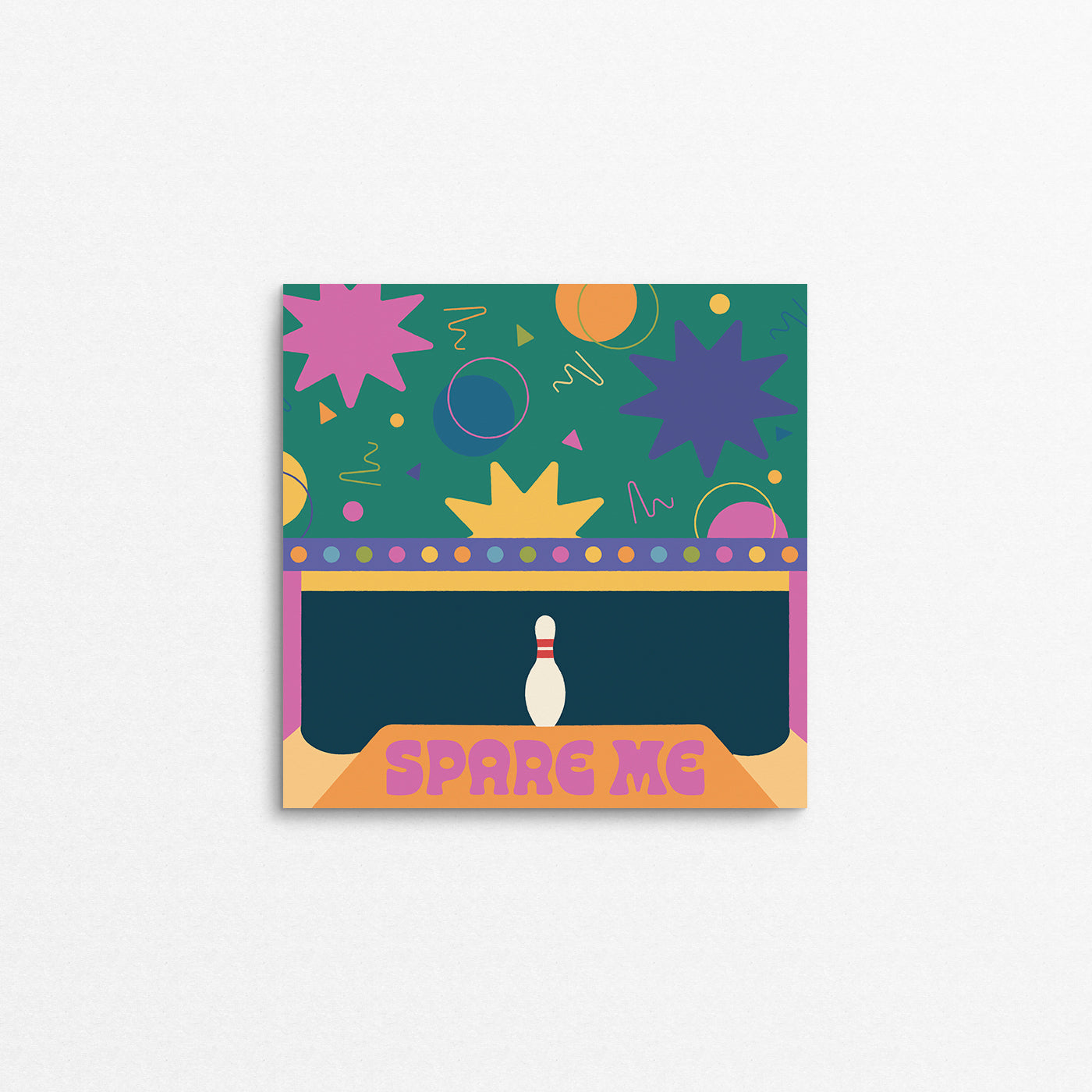 Print of a 90s and 2000s inspired bowling alley with the text "spare me". Made in Canada by Mad Love Creative Co. 