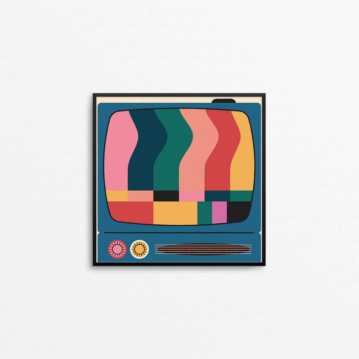 Print of a retro CRT box TV with a colourful stand by screen. Made in Canada by Mad Love Creative Co. 