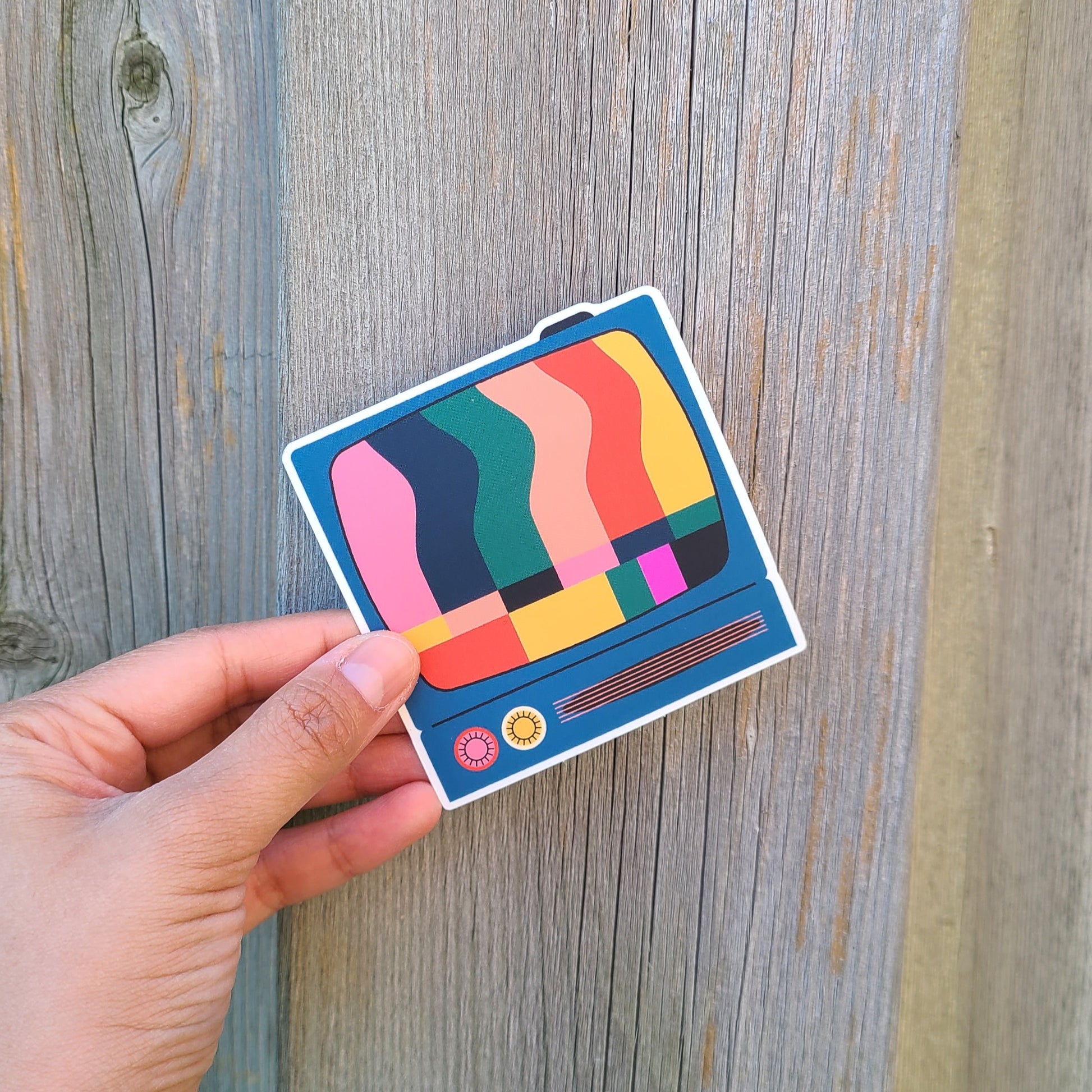 Retro TV-inspired sticker with a stand by screen. Made in Canada by Mad Love Creative Co. 