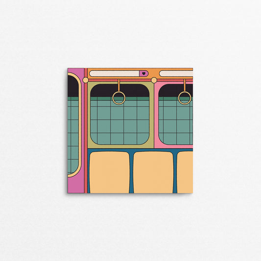 Colourful illustration of the inside of a subway car. Made in Canada by Mad Love Creative Co. 