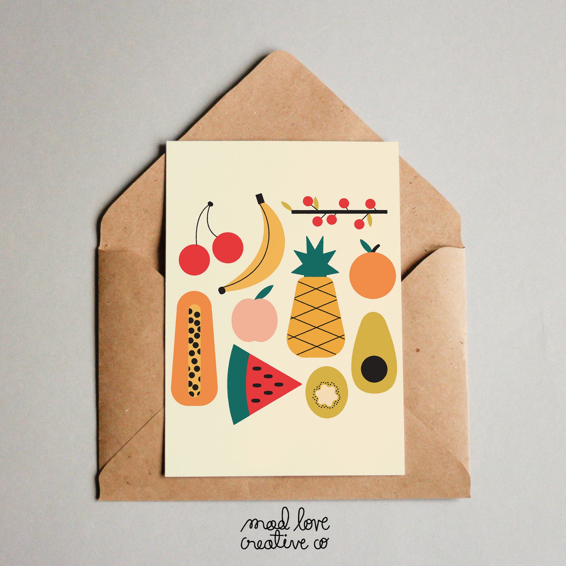 Any occasion greeting card featuring a number of fruits. Made in Canada by Mad Love Creative Co. 
