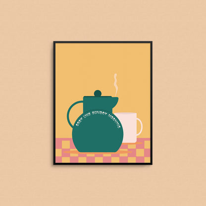 Music-inspired print of a kettle and mug with the text "easy like Sunday morning". Made in Canada by Mad Love Creative Co. 