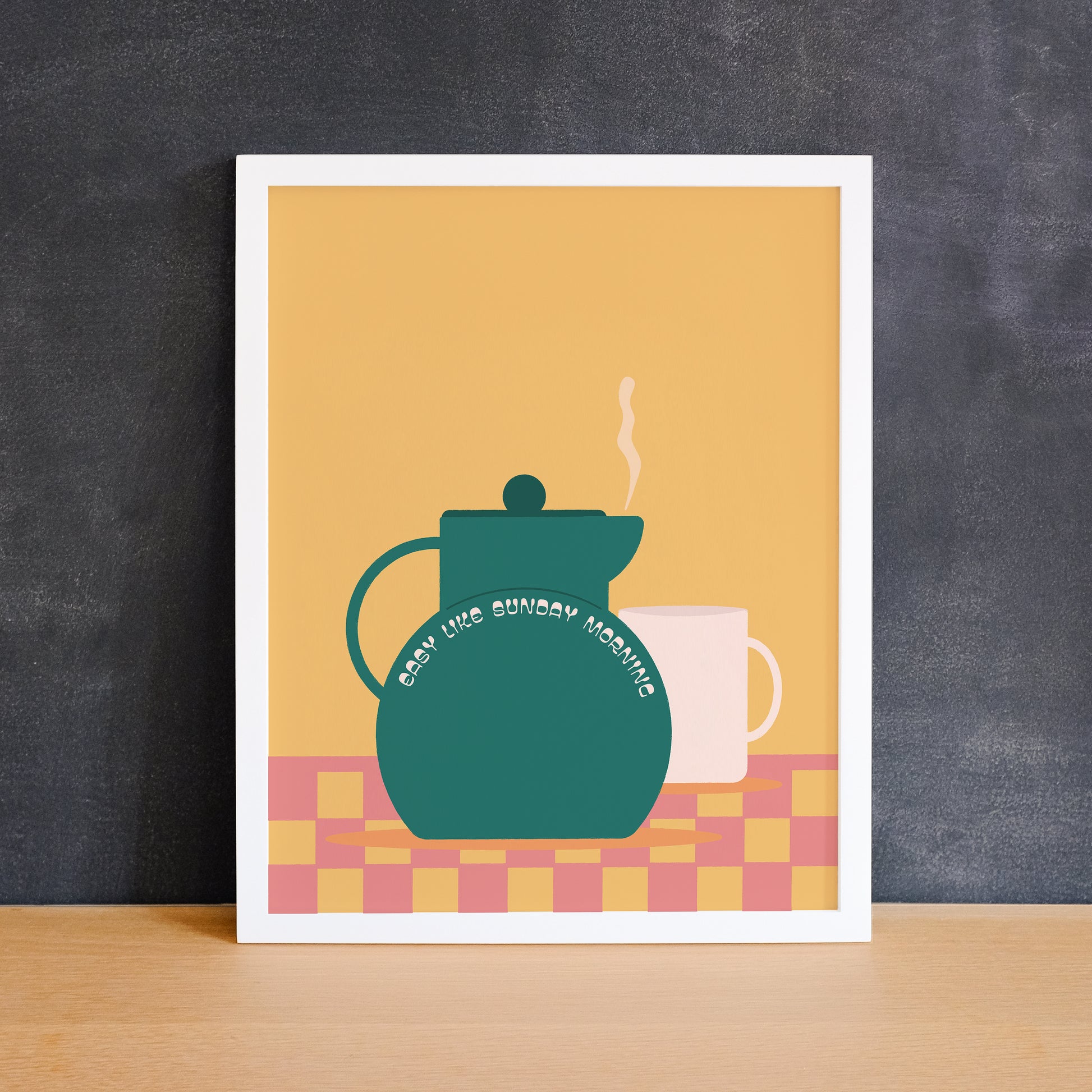 Music-inspired print of a kettle and mug with the text "easy like Sunday morning". Made in Canada by Mad Love Creative Co. 