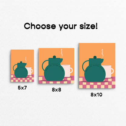 Framed artwork of a teal teapot and white mug on a checkered tablecloth with an orange background with the text "easy like Sunday morning". Made in Canada by Mad Love Creative Co. 