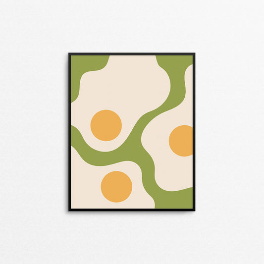 Illustration of sunny side up eggs on a green background. Made in Canada by Mad Love Creative Co. 